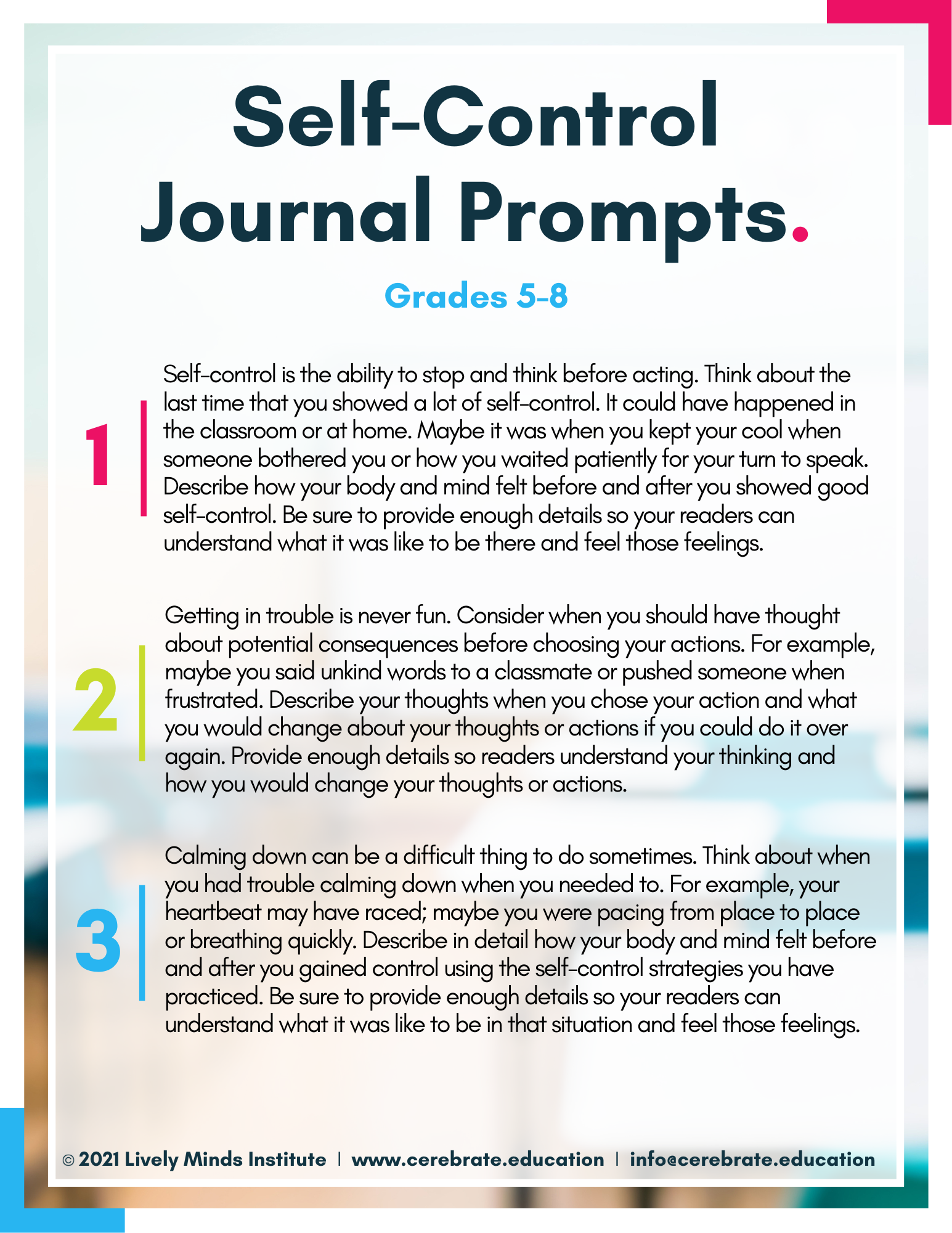 Executive Function Journal Writing Prompts for middle school students